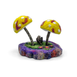 Felted Yellow Mushroom Pair Sculpture With Pinecone (Wide