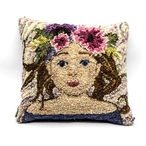 Girl with Flower Crown Rug Hooked Pillow By Lucille Evans