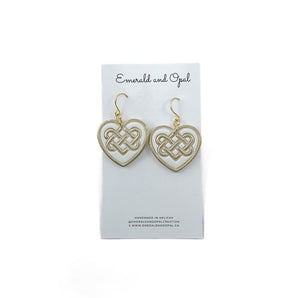 White Celtic Heart Earrings By Emerald and Opal