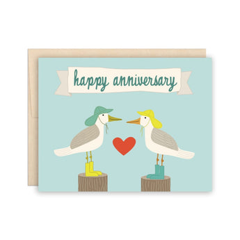 Anniversary greeting card featuring two seagulls in hats and boots from Anniversary Greeting Cards collection