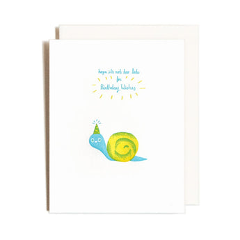 Belated Birthday Cards with white card, blue snail, yellow shell, party hat, and hope message