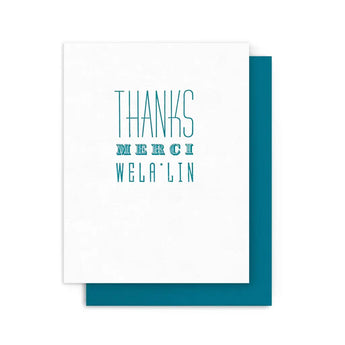 White thank you card with teal lettering from Bilingual Cards collection featuring Anne MacDonald