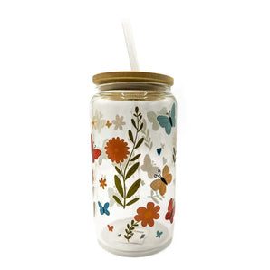 Bitty Butterflies Glass Cup w/ Lid & Straw By Lucky Sprout