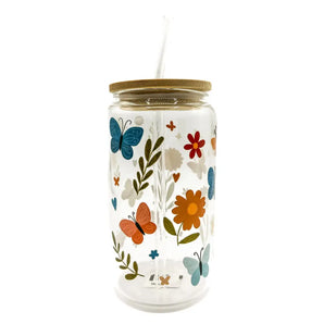Bitty Butterflies Glass Cup w/ Lid & Straw By Lucky Sprout