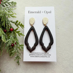 Black & Gold Hollow Teardrop Dangle Earrings By Emerald