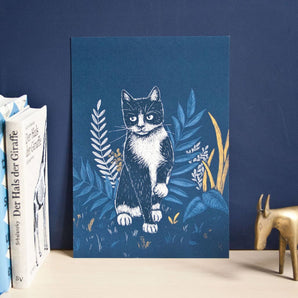 Blue Cat & Plants 8x12 Print By Katja Rub