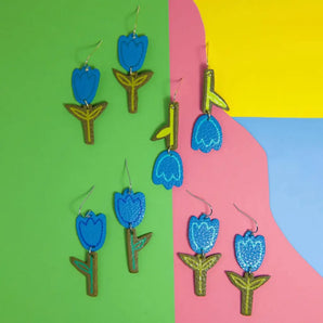 Blue Tulips With Light Outline Earrings By Printedmel