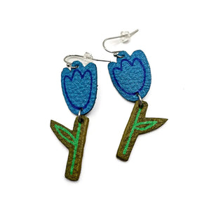 Blue Tulips With Navy Outline Earrings By Printedmel
