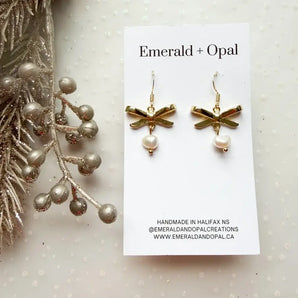 Bow w/ Pearl Dangle Earrings By Emerald and Opal