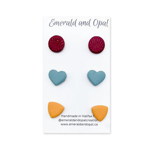 Burgundy Sage Heart and Ochre Triangle Stud Earring Set