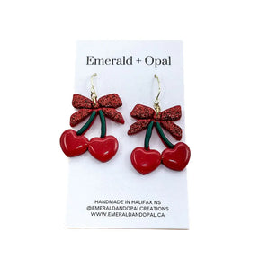 Cherry w/ Glitter Bow Dangle Earrings By Emerald and Opal