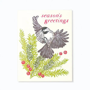 Chickadee & Larch Holiday Card By Hawk and Rose Press
