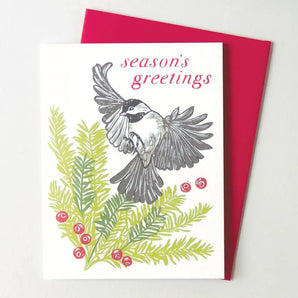 Chickadee & Larch Holiday Card By Hawk and Rose Press