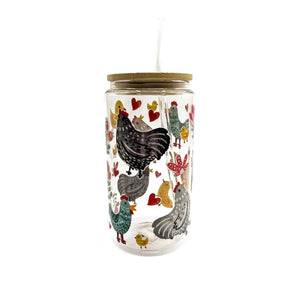 Chickens Glass Cup w/ Lid & Straw By Glitter Paper Scissors