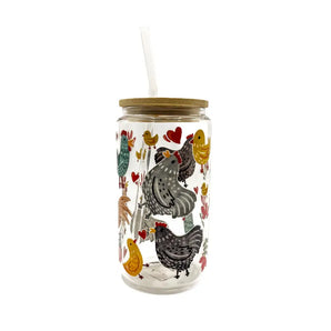 Chickens Glass Cup w/ Lid & Straw By Glitter Paper Scissors