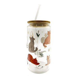 Chill Cats Glass Cup w/ Lid & Straw By Lucky Sprout Studio