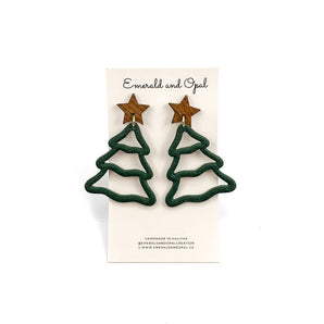 Christmas Tree with Wooden Star Dangle Earrings By Emerald