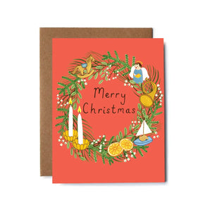 Christmas Wreath w/ Ornaments Card By Kat Frick Miller Art