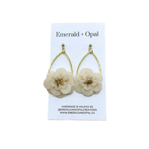 Cream Flowers On Gold-Toned Teardrop Earrings By Emerald