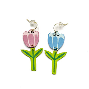 Detailed Pink + Blue Tulip Earrings By Printedmel