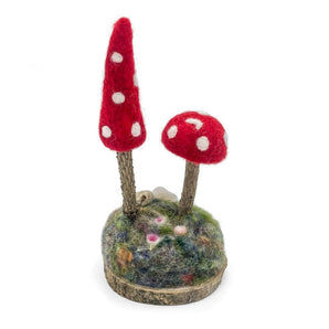 Felted Red Mushroom Pair Sculpture With Rock (Round Base)