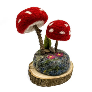 Felted Round Cap Red Mushroom Pair Sculpture (Round Base)