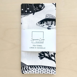 Fish Black & White Linen-Cotton Tea Towel By Square Love