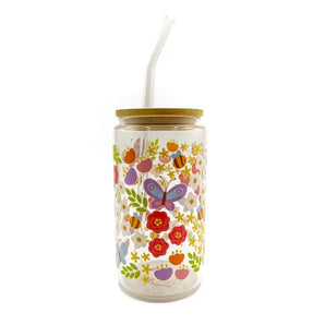 Floral Bee Glass Cup w/ Lid & Straw By Glitter Paper