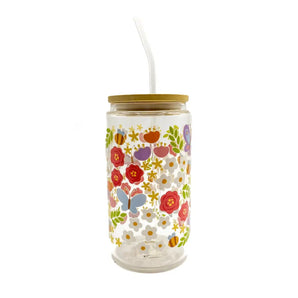 Floral Bee Glass Cup w/ Lid & Straw By Glitter Paper