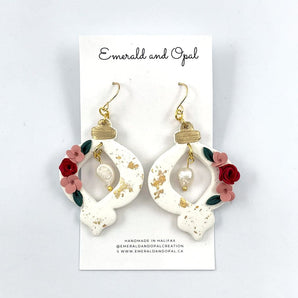 Floral Ornament with Pearls Dangle Earrings By Emerald