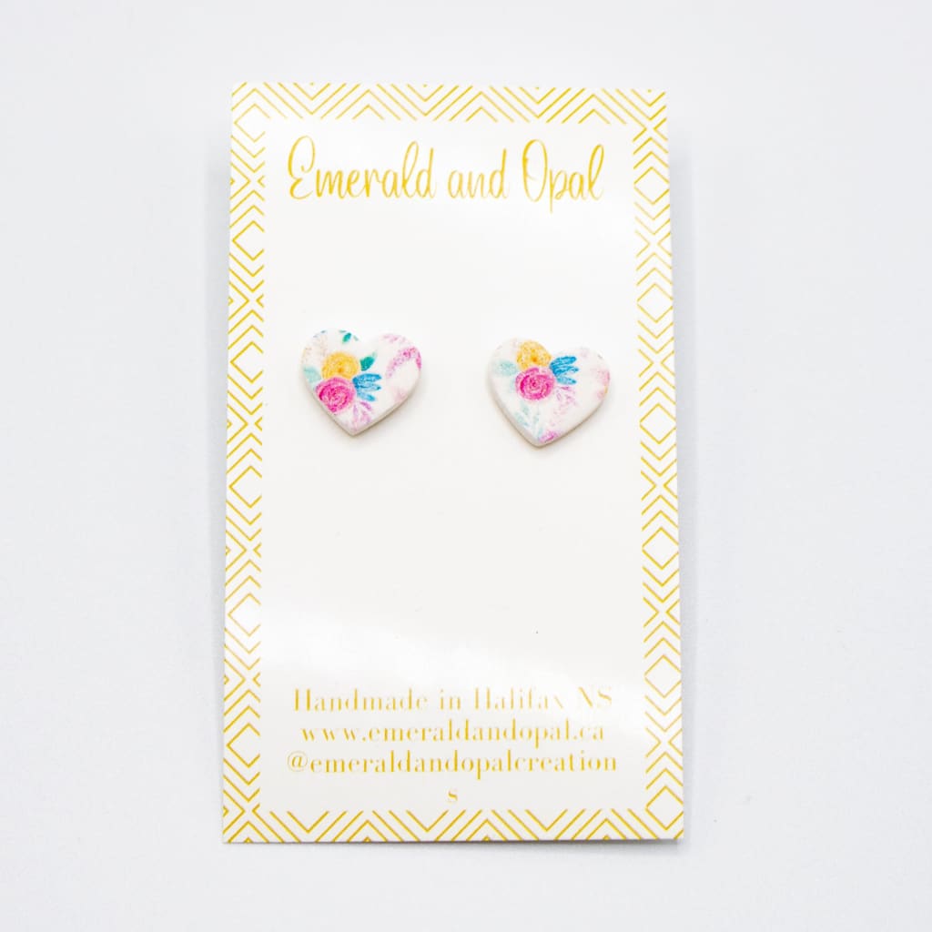 Flower Pattern Heart Stud Earrings By Emerald and Opal