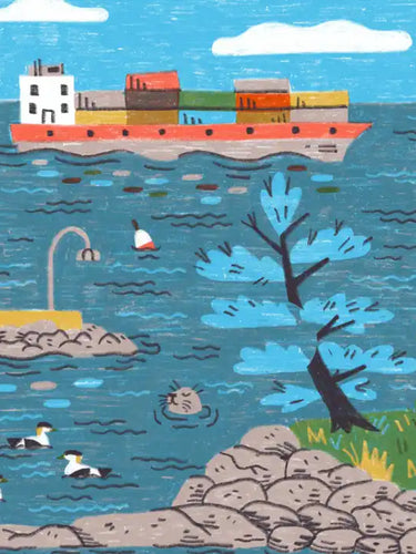 Folk art style illustration of a coastal harbor scene with boats, bridges, and wildlife.