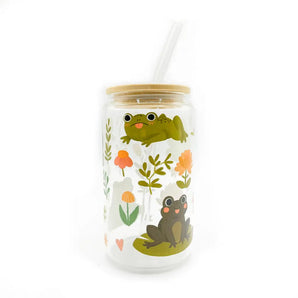 Frogs & Flowers Glass Cup w/ Lid Straw By Lucky Sprout