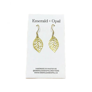 Gold Foil Hollow Leaf Dangle Earrings By Emerald and Opal