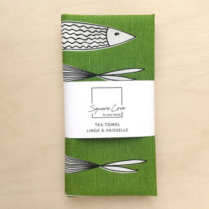 Green Fish Linen-Cotton Tea Towel By Square Love