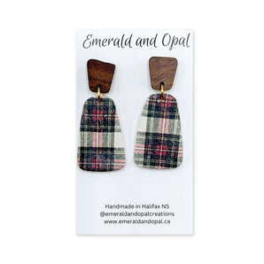 Green & Red Plaid w/ Wood Dangle Earrings By Emerald