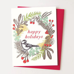 Holiday Wreath and Chickadee Card By Hawk Rose Press