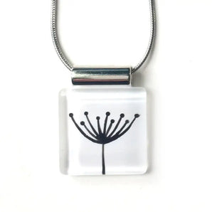Large Square Black Dandelion on White Handpainted Glass