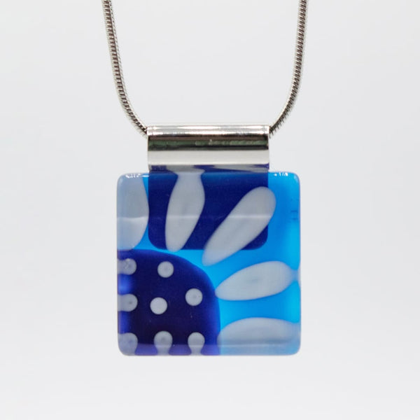 Large Square White Daisy on Blue Handpainted Glass Pendant
