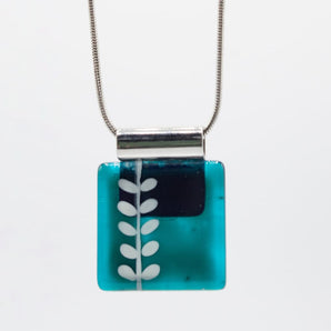 Large Square White Vine on Teal Handpainted Glass Pendant