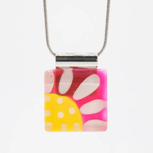 Large Square Yellow/White Daisy on Red Handpainted Glass