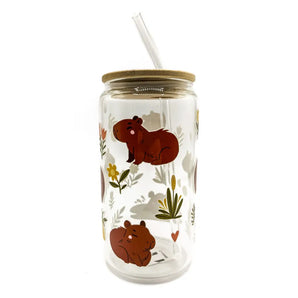 Lemon Capybaras Glass Cup w/ Lid & Straw By Lucky Sprout