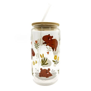Lemon Capybaras Glass Cup w/ Lid & Straw By Lucky Sprout