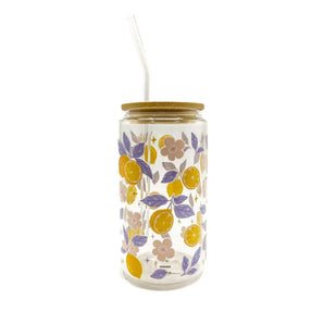 Lemon Lavender Glass Cup w/ Lid & Straw By Glitter Paper