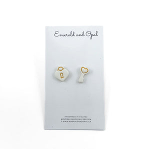 Lock & Key Stud Earrings By Emerald and Opal