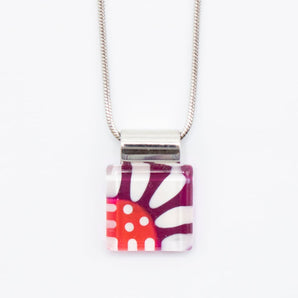 Medium Pink/Plum Square Daisy Handpainted Glass Pendant