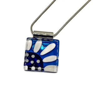 Medium Square White Daisy on Blue Handpainted Glass Pendant