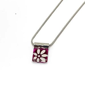 Medium Square White Daisy on Plum Handpainted Glass Pendant