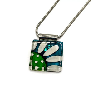Medium Square White Daisy on Teal Handpainted Glass Pendant