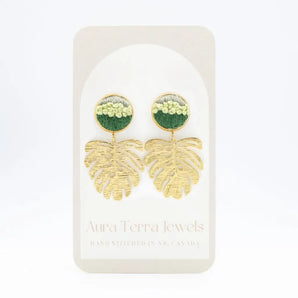 Monstera Embroidered Dangle Earrings By Aura Terra Jewels
